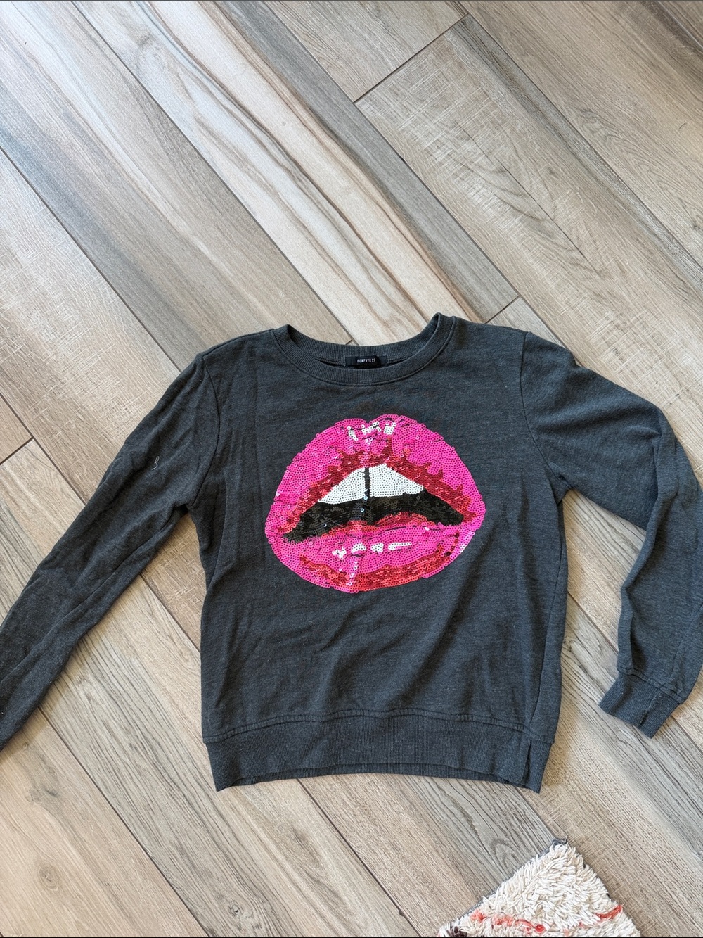 Forever 21 Charcoal Crewneck Sweater with Pink Sequin Lip Motif